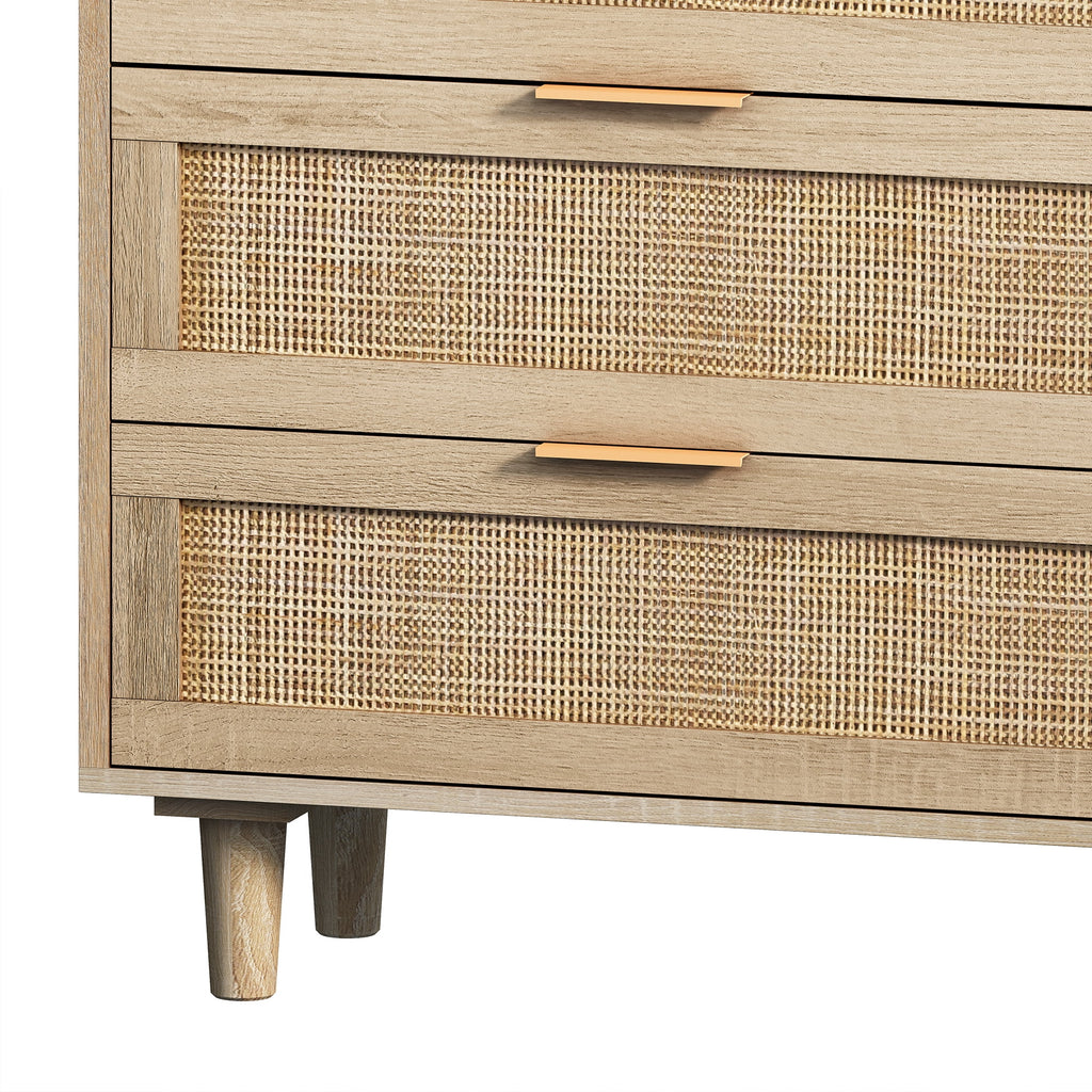 Wide 6 Drawer Rattan Dresser, Boho Dresser for Bedroom, Wooden Dresser Chest of Drawers, Natural