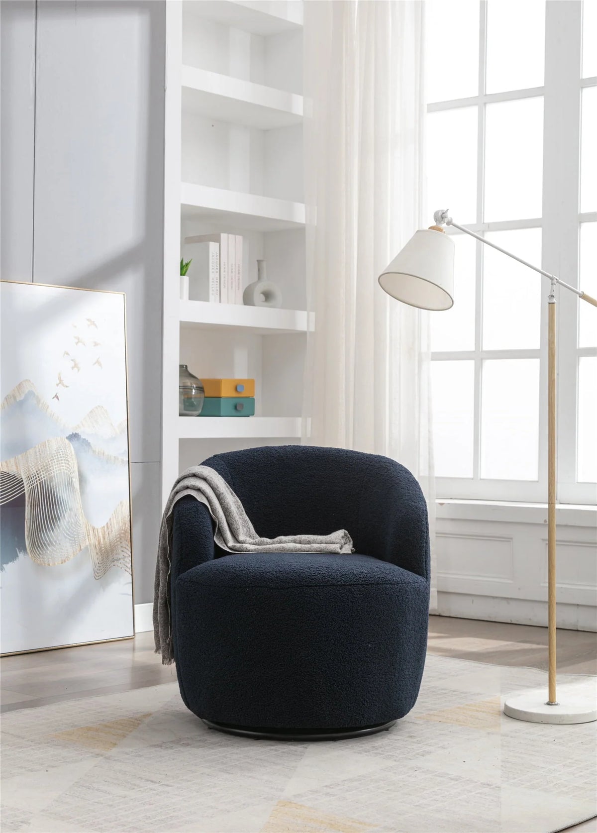 Swivel Barrel Chair, Modern Teddy Fabric Swivel Accent Barrel Chair Armchair, Upholstered Cozy Club Chairs Sofa Arm Chair for Nursery, Bedroom, Office, Hotel, Dark Blue