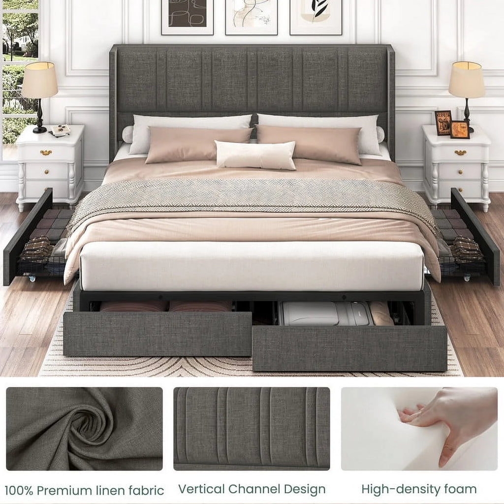 LARMACE King Size Upholstered Bed Frame with 4 Storage Drawers and Vertical Channel Tufted Headboard Linen Platform Bed Frame Wingback Beds with Wooden Slats Support, Beige