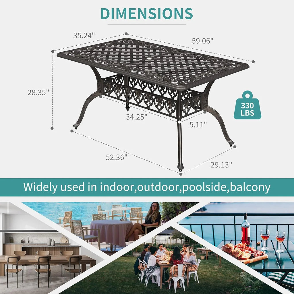 59.06" Cast Aluminum Outdoor Dining Table for 6�? People, Rust-Resistant All-Weather Metal Patio Table with 2" Umbrella Hole, Heavy-Duty Garden Furniture for Deck, Backyard, Dark Bronze, Only Desk