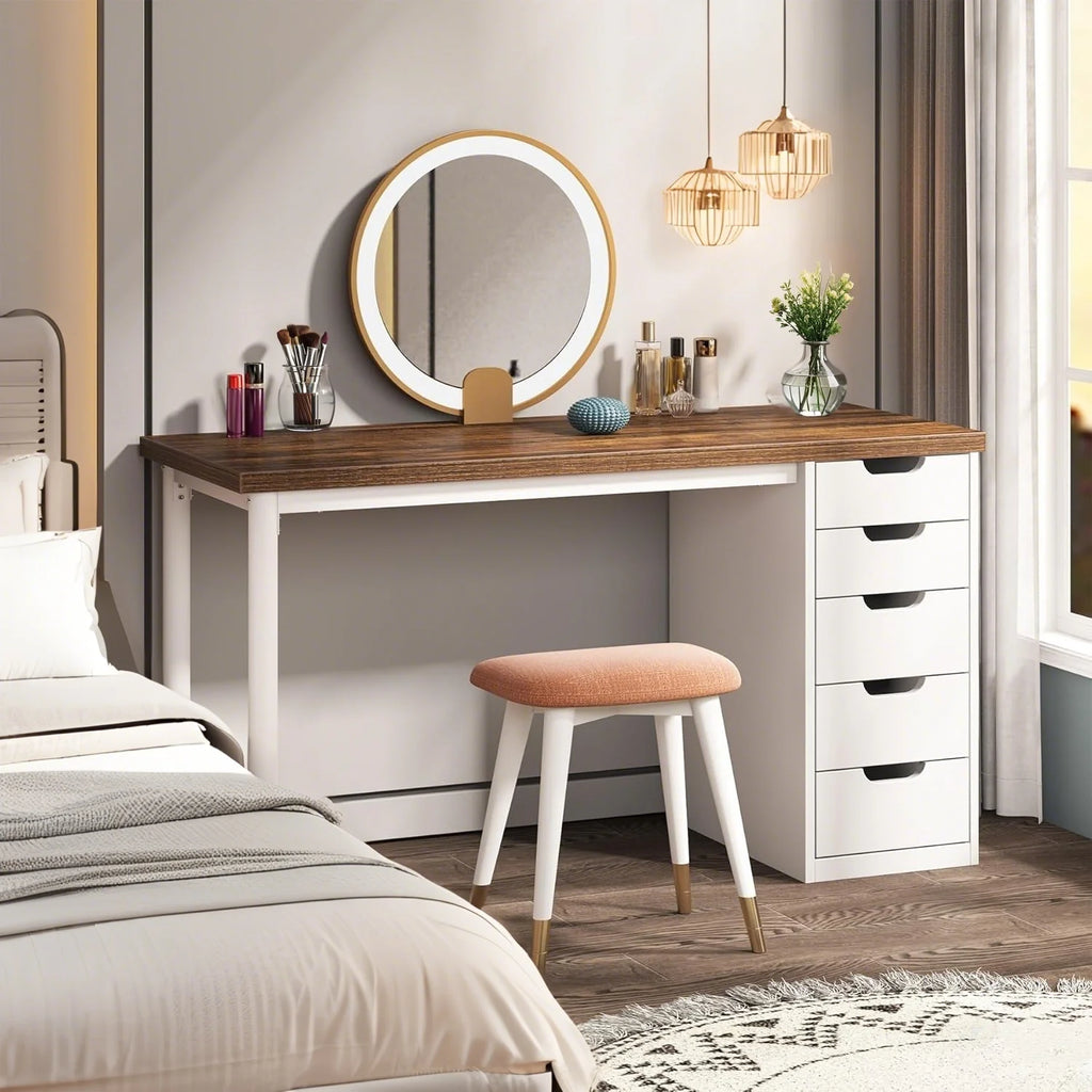 Tribesigns 47 inches Vanity Desk with 5 Drawers, Rustic Makeup Dressing Table with Storage, Modern Simple Computer Desk for Women, Girls (Brown)