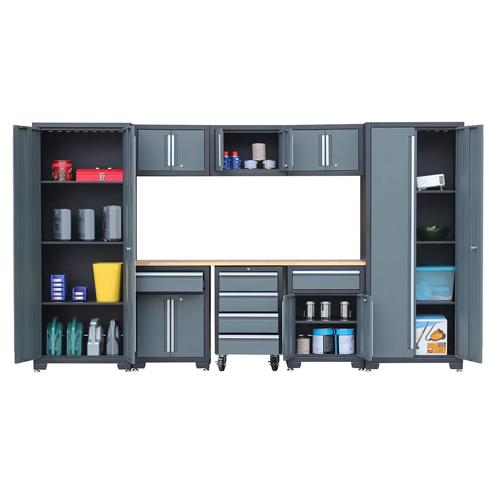 HPDMC Garage Storage Cabinet System 9-Pcs Workshop Set Metal Garage Cabinets and Storage System with Steel Cabinet Drawers, Rolling Chest, Workbench, Pegboard for Garage Tool Organization
