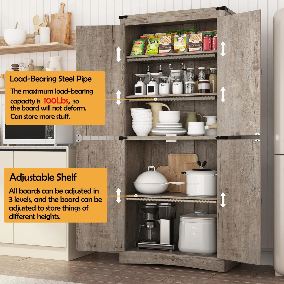 71" Tall Farmhouse Kitchen Pantry Cabinet, 5 Layers Storage Cabinet with Adjustable Shelves, Farmhouse Pantry Cabinet with 4 Barn Doors for Kitchen, Dining Room, Bathroom, Living Room, Rustic White
