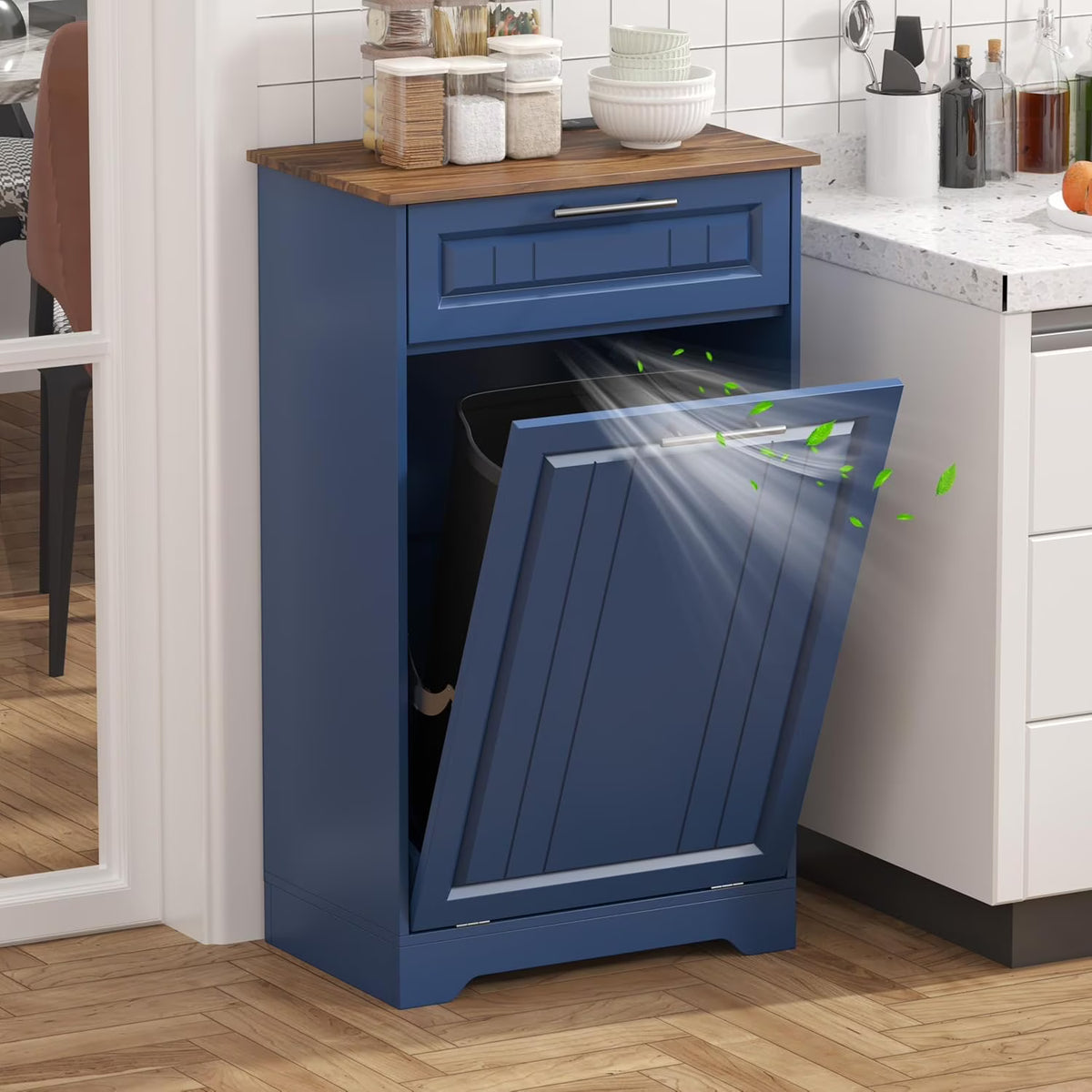 Single 10 Gallon Tilt Out Trash Can Cabinet with Deodorizing Function, Wooden Hidden Garbage Can Holder with Storage Drawers for Kitchen and Dining Room, Laundry Hamper Cabinet for Bathroom, Blue