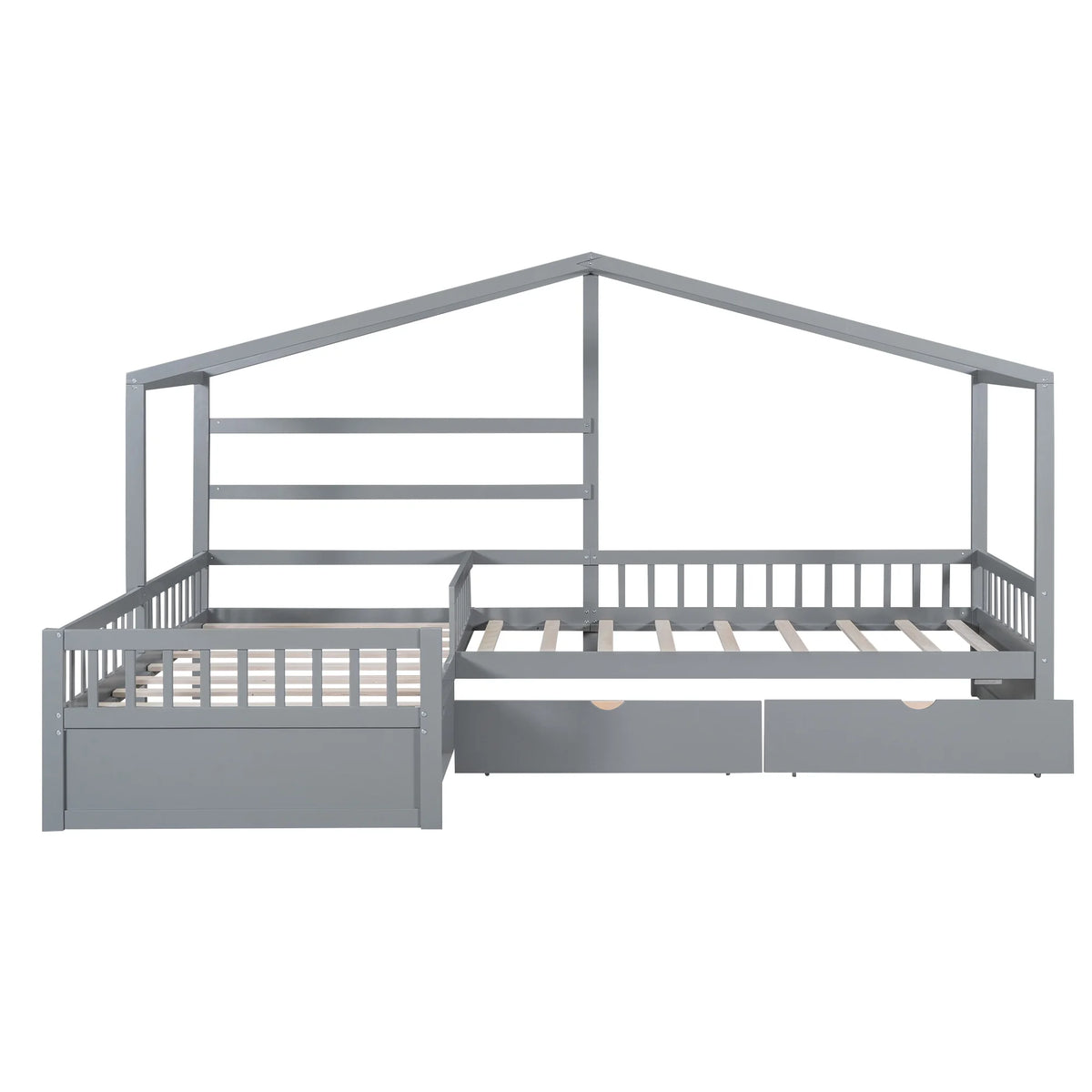 Bellemave House Bed Double Twin Beds, Wood L-Shape Twin Bed with 3 Storage Drawers, Montessori Bed with Roof and Fencefor Toddler Kids Girls Boys (White)