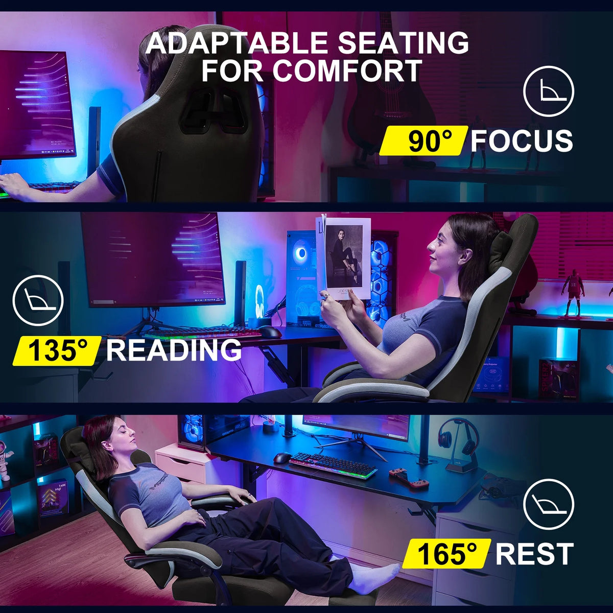GTPLAYER Ergonomic High Back Pocket Spring Cushion Gaming Chair with Footrest & Linkage Armrests, Black