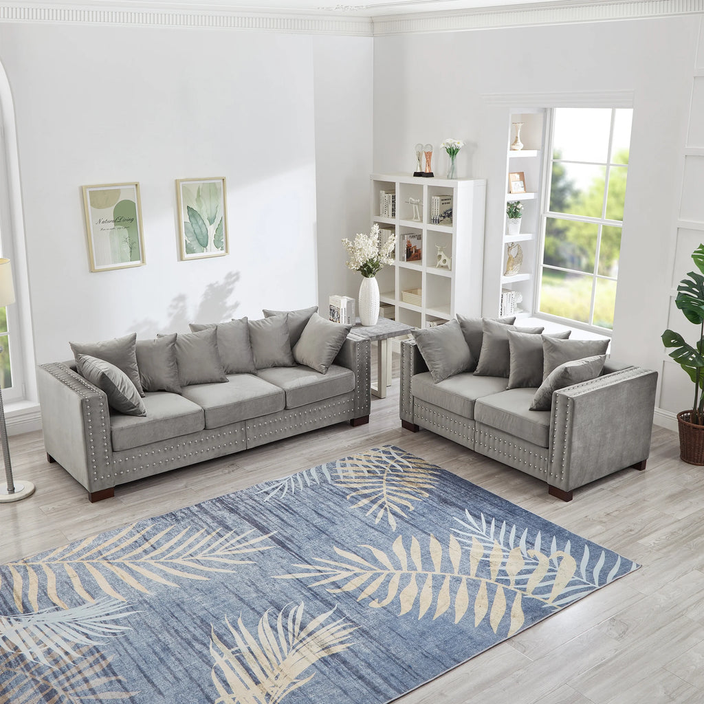 Modern Velvet Sofa Set 2+3 Seater Sofa Loveseat Couch with Silver Nail Trim, Square Armrests and Hidden Storage, Luxury Living Room Couch with Pocket Spring Cushions