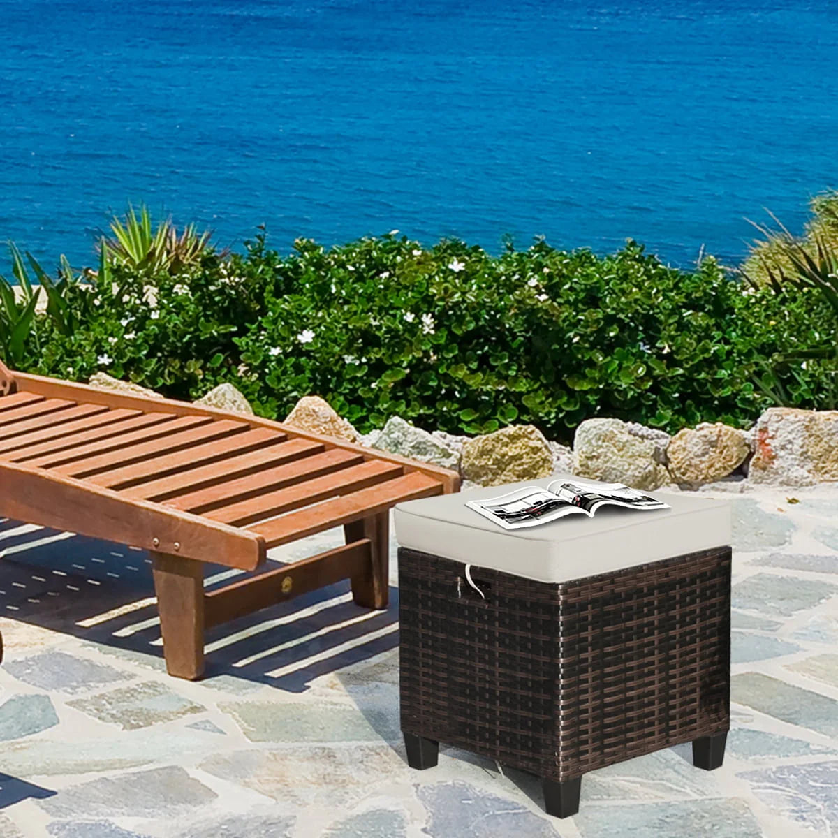 Gymax Set of 2 Patio Rattan Ottoman Footrest Garden Outdoor w/ Brown Cushion