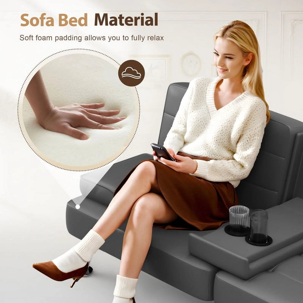 Furmax Futon Sofa Bed Convertible Folding Faux Leather Couch with 2 Cup Holders,Black
