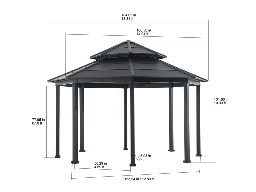 Sunjoy 15 x 15 ft. Outdoor Hardtop Gazebo, Octagon Double Tiered Metal Gazebo with Dual Rails and Ceiling Hook for Patio, Garden, Backyard Shade