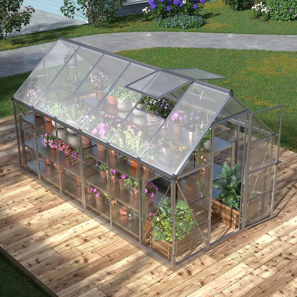 Jocisland 8x8x7 FT Polycarbonate Walk-In Greenhouse with Aluminum Frame, 2 Top-Opening Windows & 2 Swing Doors, Heavy Duty for Outdoor Garden Use, Black