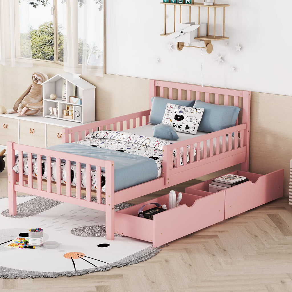 Bellemave Twin Bed with Storage Drawers and Fence Rails, Wood Platform Beds Frame with Headboard, Twin Size Storage Bed for Kids Boys Girls Teens��White)