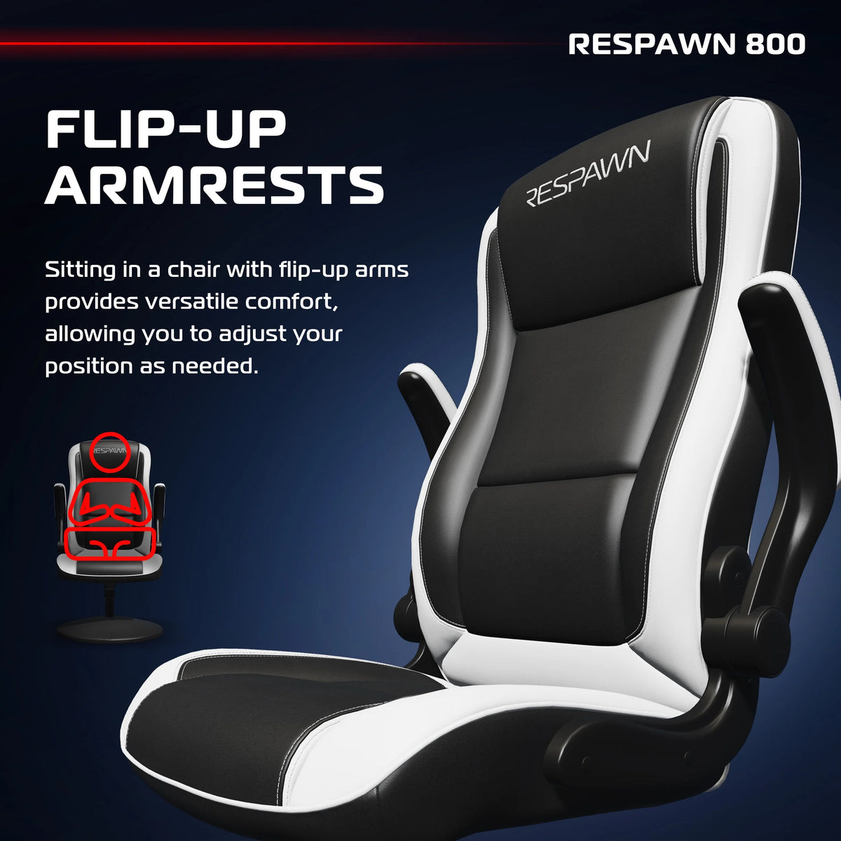 RESPAWN 800 Swivel Rocker Gaming Chair - Ergonomic Floor Gaming Seat with Lumbar Support, Flip Up Armrest, High Back, Pedestal Base, Comfortable No Wheels Console Video Game Rocker Chair - Red
