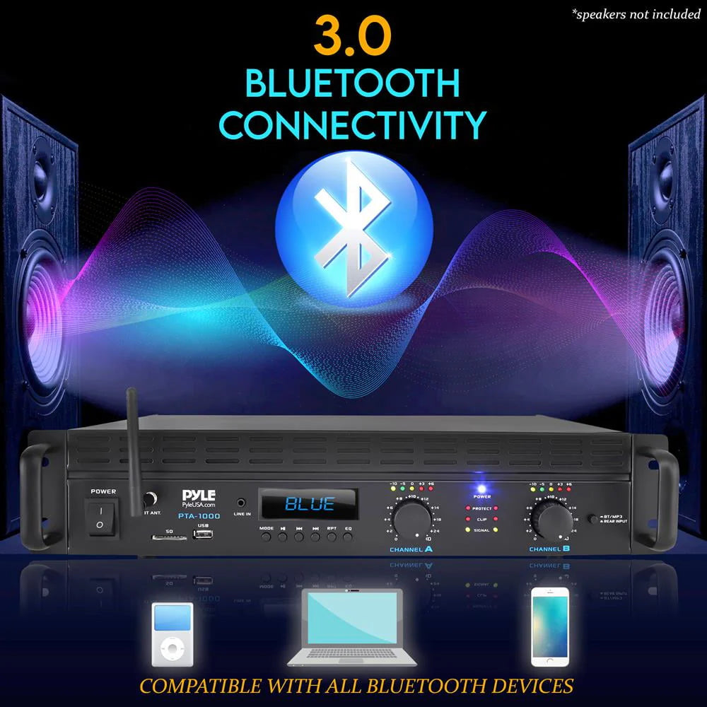 Pyle 2-Channel 2000W Bridgeable Rack Mount Pro Audio Sound Wireless Home Stereo Receiver Amplifier