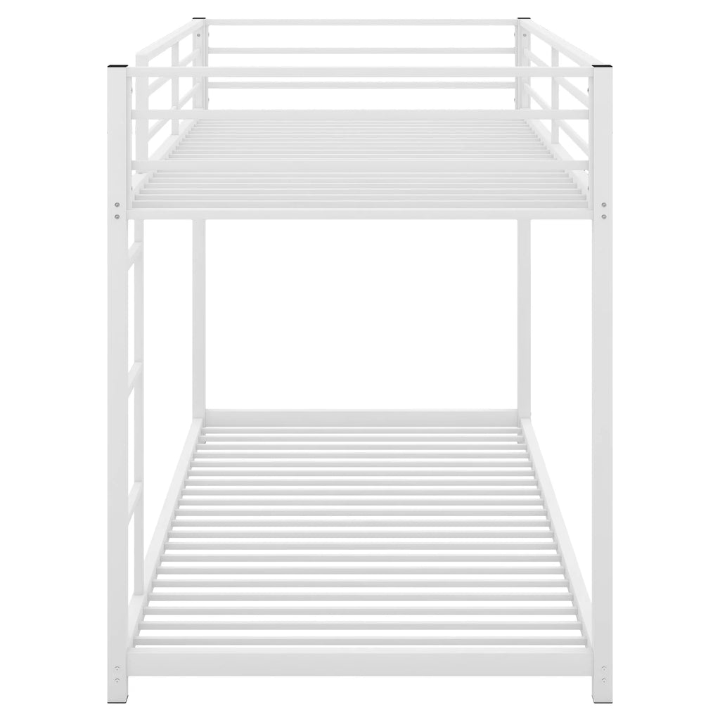 Twin Over Twin Metal Bunk Bed, Low Twin Bunk Bed With Safety Guardrail and Ladder,No Box Spring Needed,Steel Bunk Bed Platform Suitable for Girls Boys Teens, White