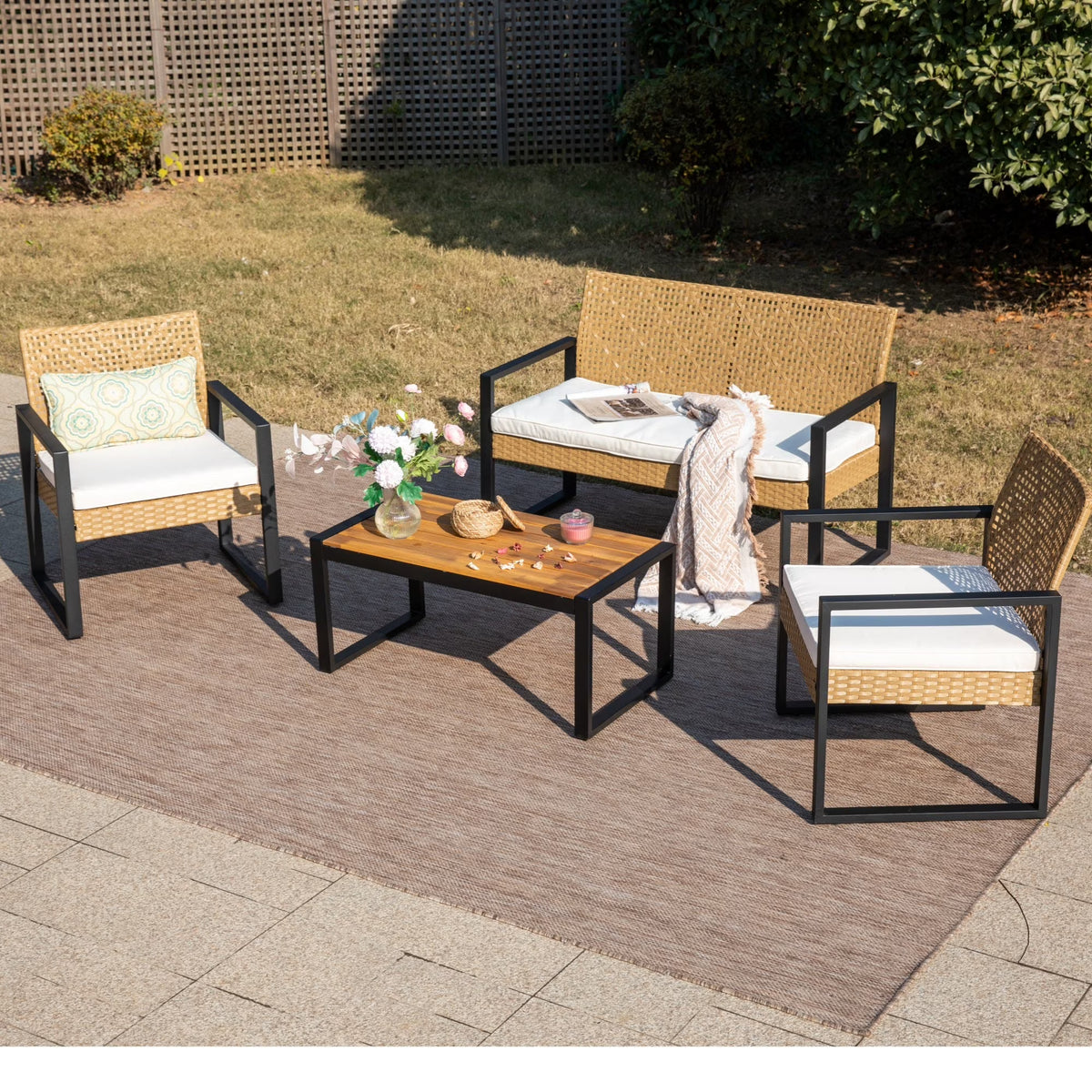 MF Studio 4-Piece All-Weather Rattan Patio Furniture Set, Outdoor Conversation Set with Wood Table, Brown and Beige