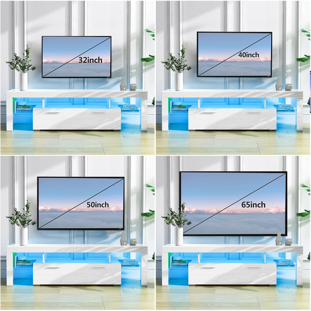 UHOMEPRO TV Stand for TV up to 70", Living Room Entertainment Center with RGB LED Lights and Storage Shelves Furniture, White High Gloss TV Cabinet Console Table