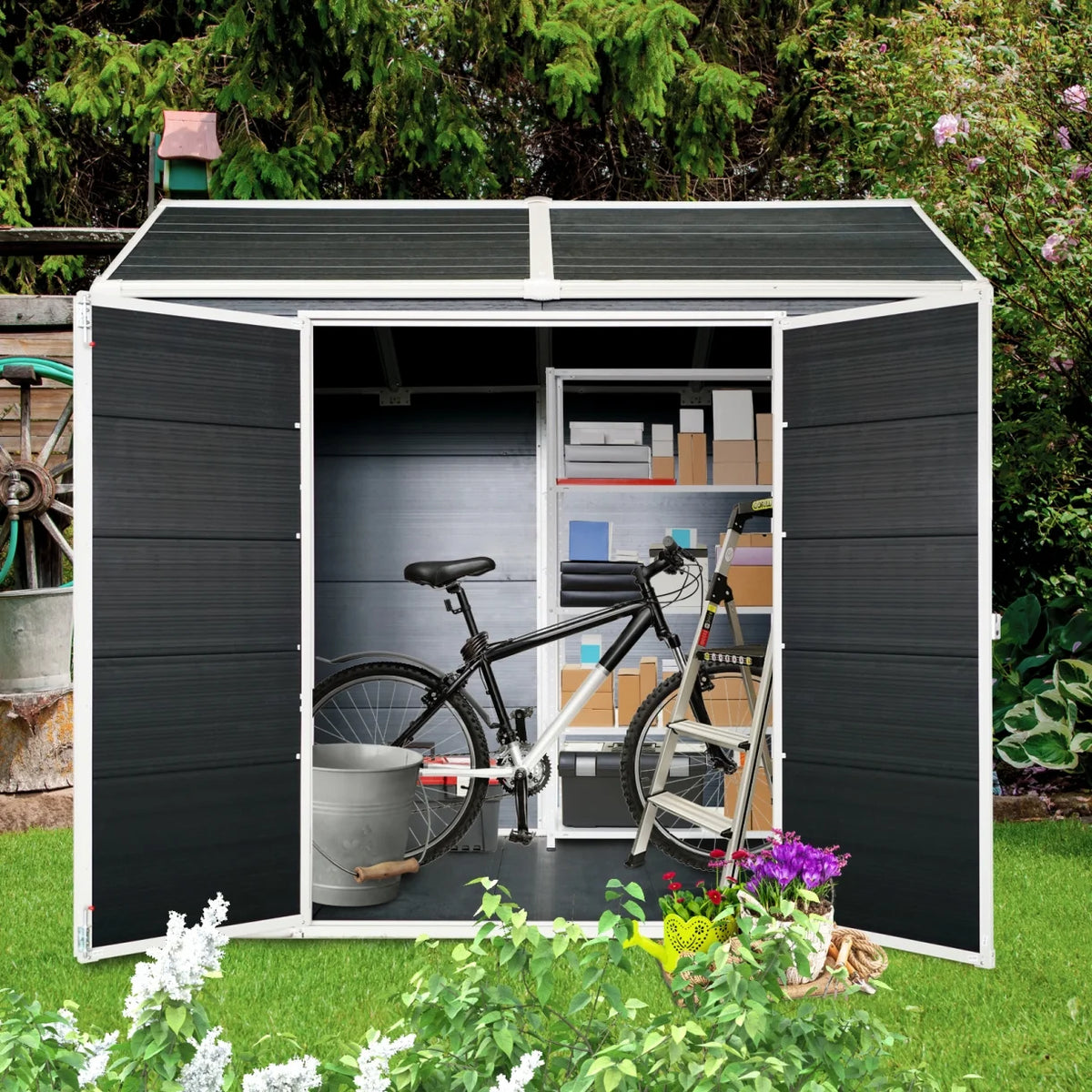 8x4 FT Outdoor Storage Shed with Floor, Resin Garden Sheds with Lockable Door, Vents & Windows, Weather Resistant Tool Shed with Sloped Roof for Backyard Patio, Grey