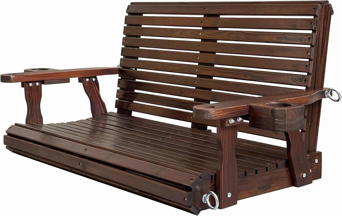 Fortune Candy 3 Person Outdoor Wood Hanging Swing, Heavy Duty 880 lbs Wood Porch Swing, Brown-5ft