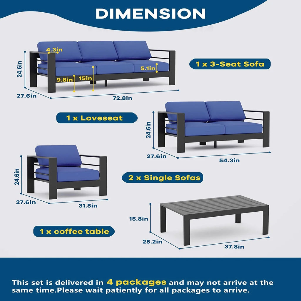 Ataucjin 5 Pieces Aluminum Patio Furniture Set, Outdoor Sectional Conversation Set Sectional Sofa with 4" Armrest & 5" Thick Cushions & Coffee Table��ship in 4 boxes��