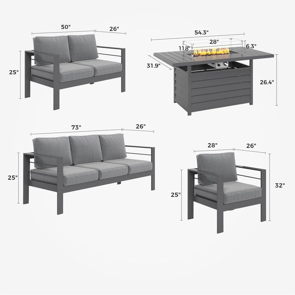 CozyHom 5 Pcs Outdoor Patio Aluminum Furniture Sofa Sets, Outside Patio Conversation Couch Sets With Table&Cushions for Garden Porch, Gray