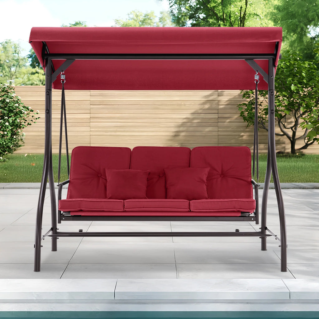 MCombo 3-Seat Outdoor Patio Swing Chair Cushioned with Adjustable Backrest and Canopy, Pillow, Brown