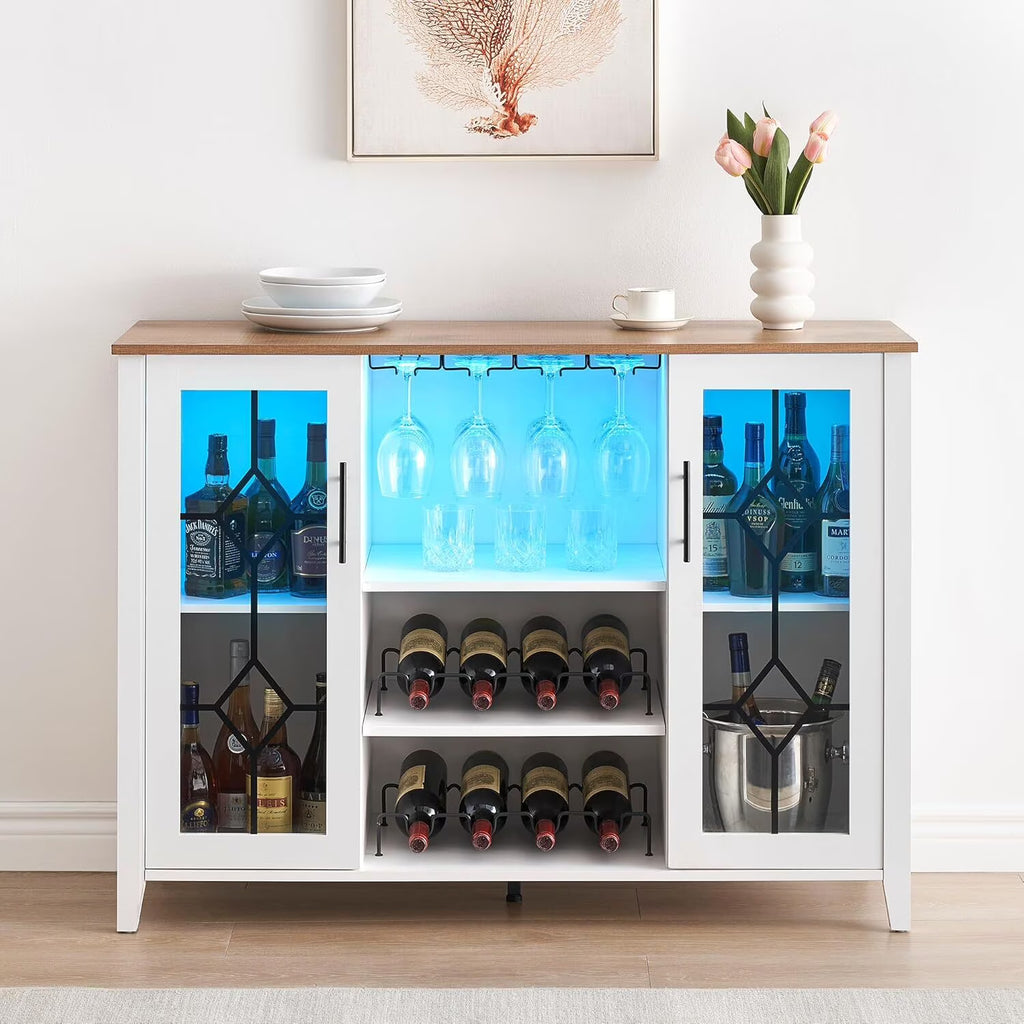 FOLDLIFE Wine Bar Cabinet with LED Lights, Liquor Cabinet Bar with Storage Cabinet, Coffee Cabinet with Bottles and Glass Rack, Buffet Sideboard with Storage Cabinet&Drawers,Dark Grey
