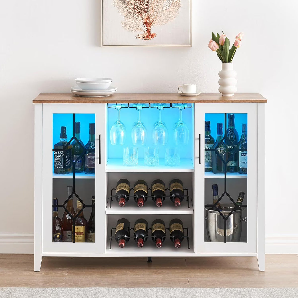FOLDLIFE Wine Bar Cabinet with LED Lights, Liquor Cabinet Bar with Storage Cabinet, Coffee Cabinet with Bottles and Glass Rack, Buffet Sideboard with Storage Cabinet&Drawers,Dark Grey