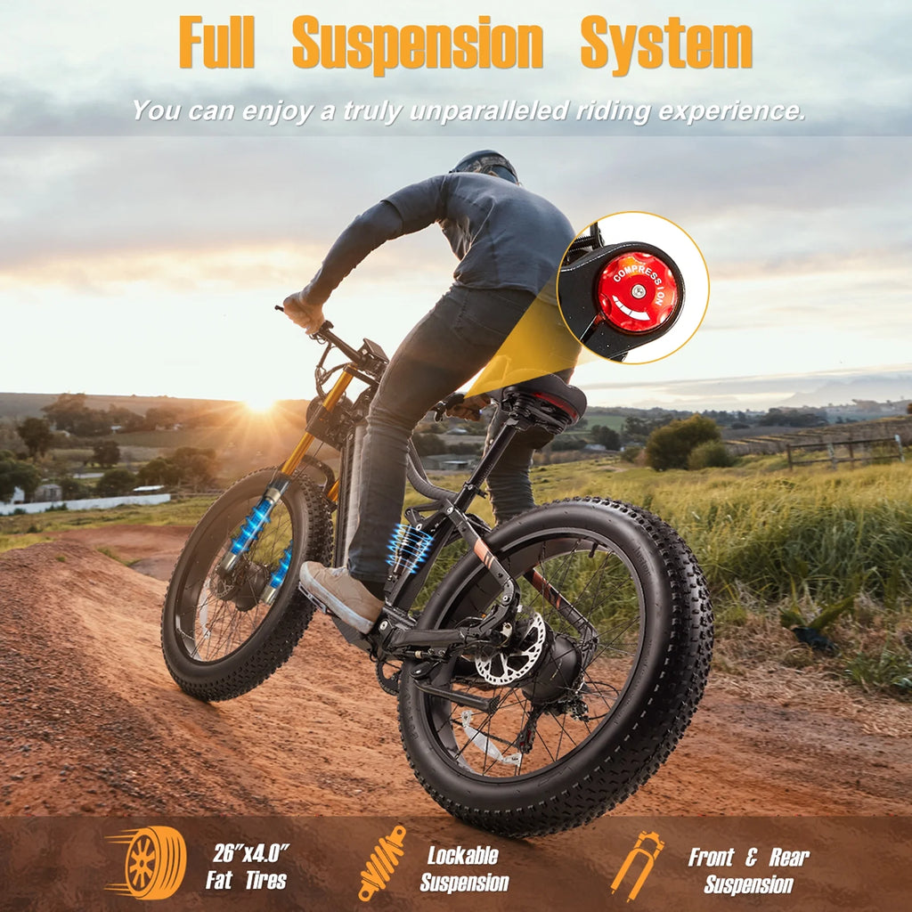 Dual Motors AWD 2000W Electric Bike for Adult 26'' UL2849 48V 30AH E-mountain bike 4.0 Fat Tire up to 35MPH&120Miles Long Range Off-road Ebike Dual Hydraulic Disc Brakes&Ful Suspension Electric Bicyc