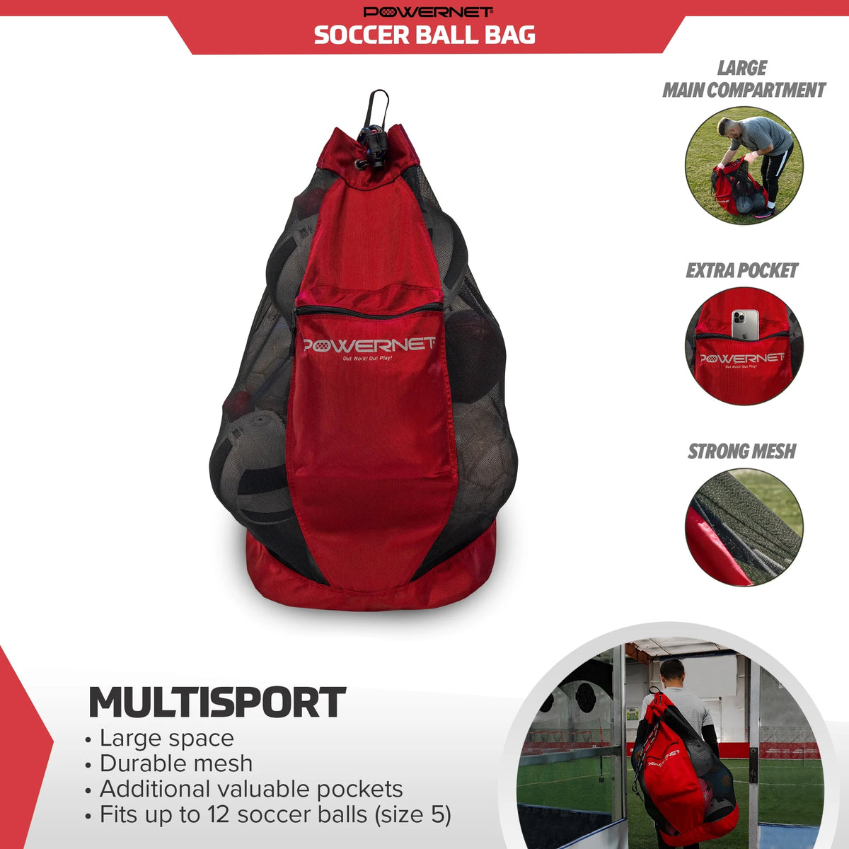 PowerNet 8x4 Ft Soccer Goal Portable Bow Style Net and Large Ball Carry Bag Bundle | Quick Setup Ultra Portable | Full Size Framed Soccer Goal | Perfect for Teams and Coaches