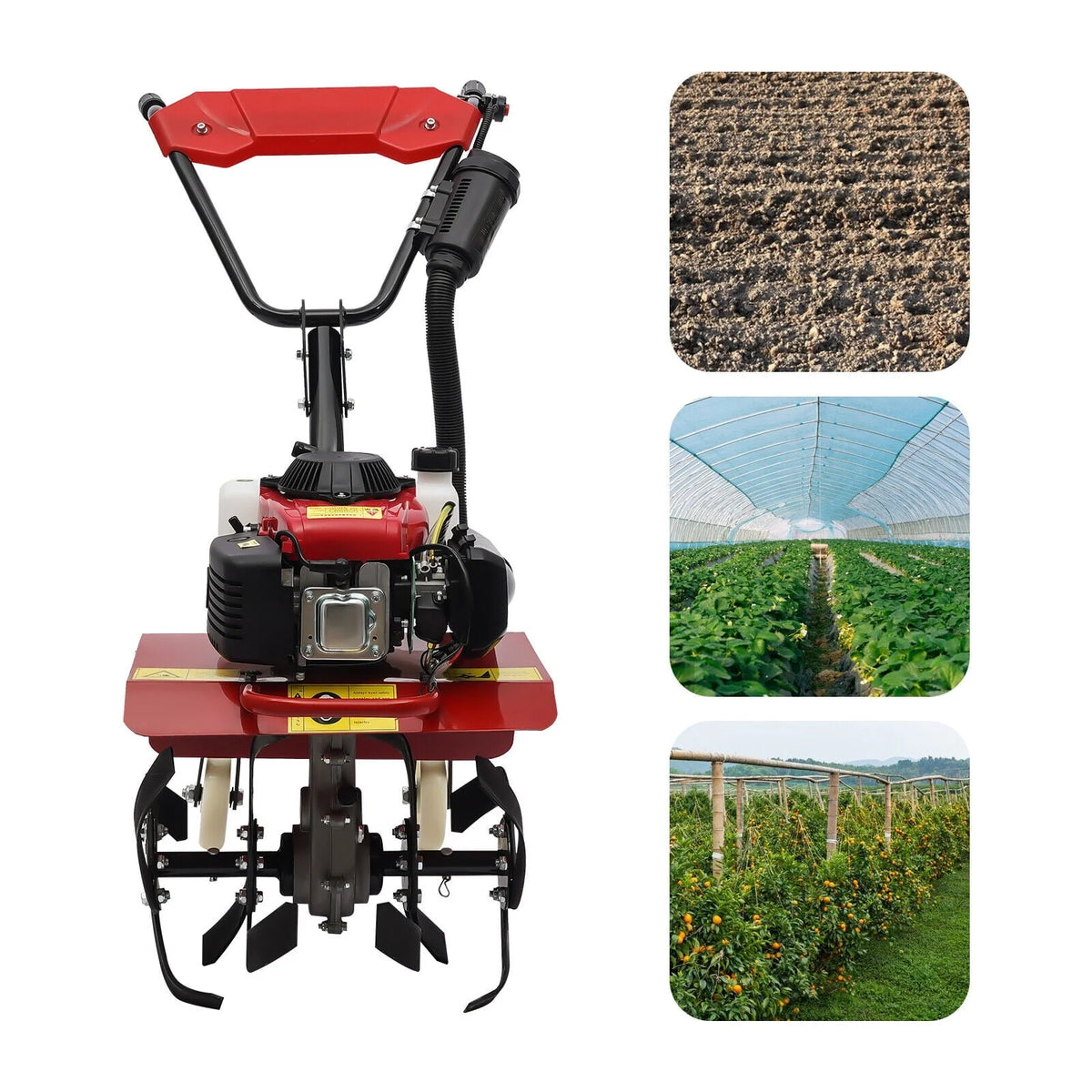 63cc Air-Cooled Gas Power Garden Tiller Cultivator Equipment 4-Stroke Portable Gas Tiller Yard Plant Farm Tilling Tool 1600W 9000RPM
