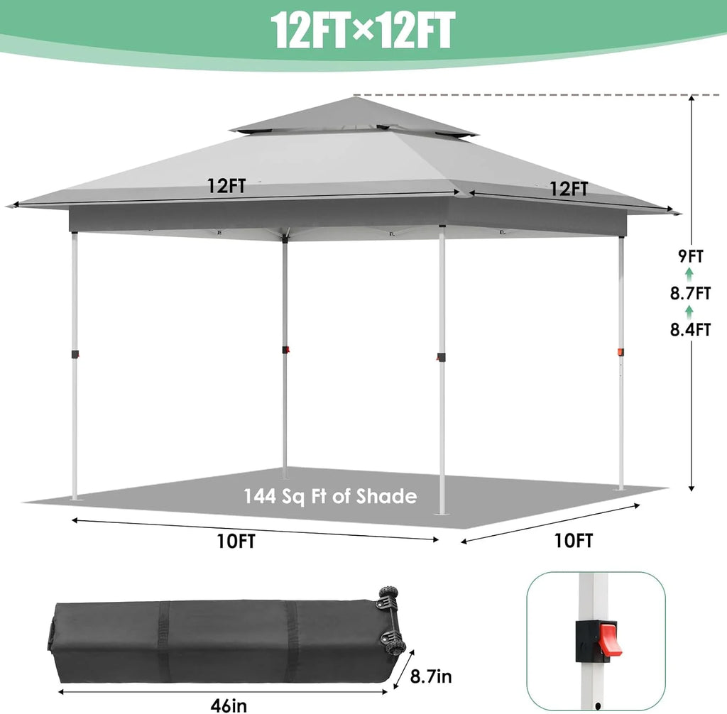 Pirecart 12' x 12' Pop-up Canopy Tent Waterproof Outdoor Gazebo Shelter with Wheeled Bag, Instand Canopy , White