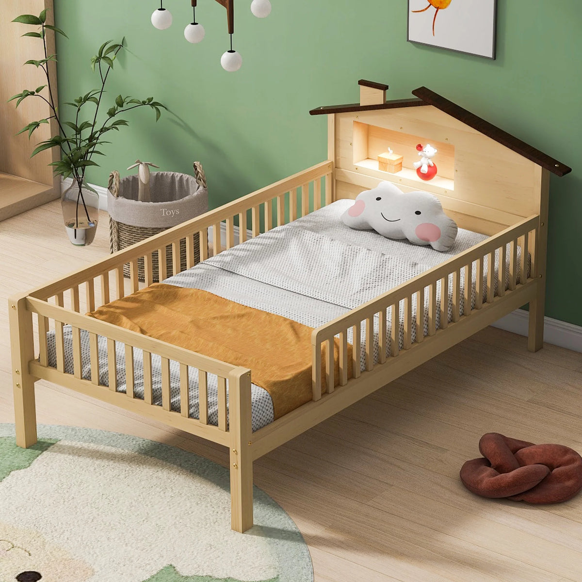 Euroco Wood Twin Size Platform Bed, House Bed with LED Light and Storage, White