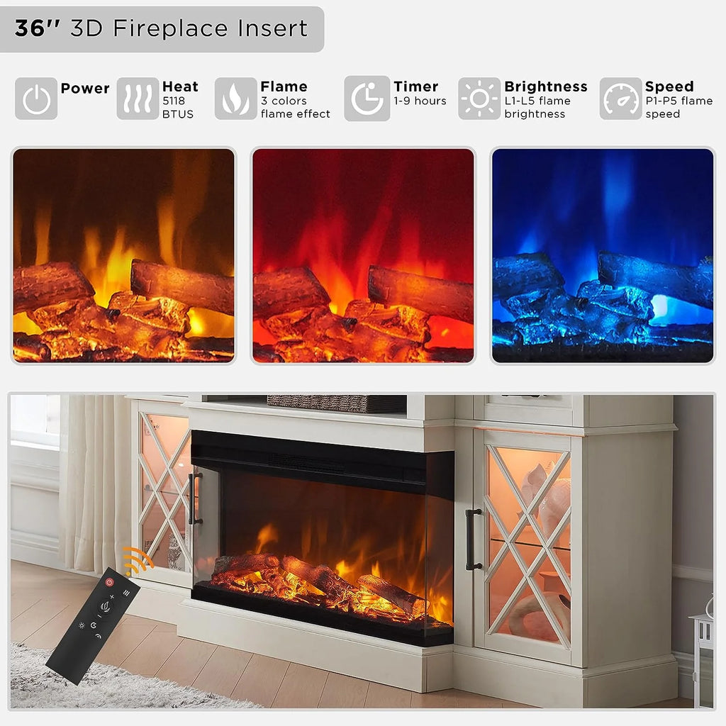 OKD Farmhouse 3-Sided Fireplace TV Stand for 80" TVs, 70" Entertainment Center with Electric Fireplace and Storage Drawers, Antique White