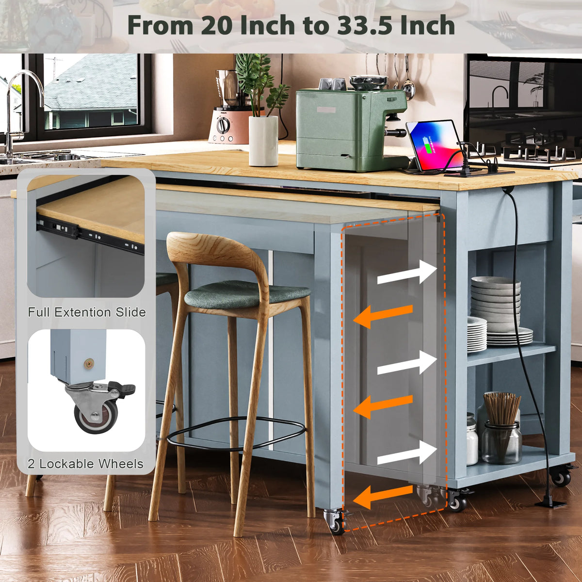 Kitchen Island with Extendable Table and Power Outlet, Wood Kitchen Rolling Cart with 2 Drawers & 2 Cabinets, Internal Storage Rack and Adjustable Shelf, Grey Blue
