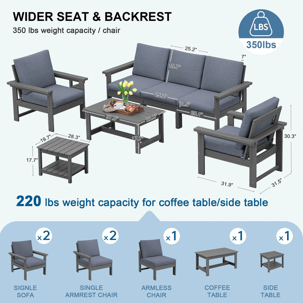 SERWALL Outdoor Patio Furniture Set, 7-Piece HDPE Outdoor Sofa Set Patio Conversation Set, Black Frame with Beige Cushions