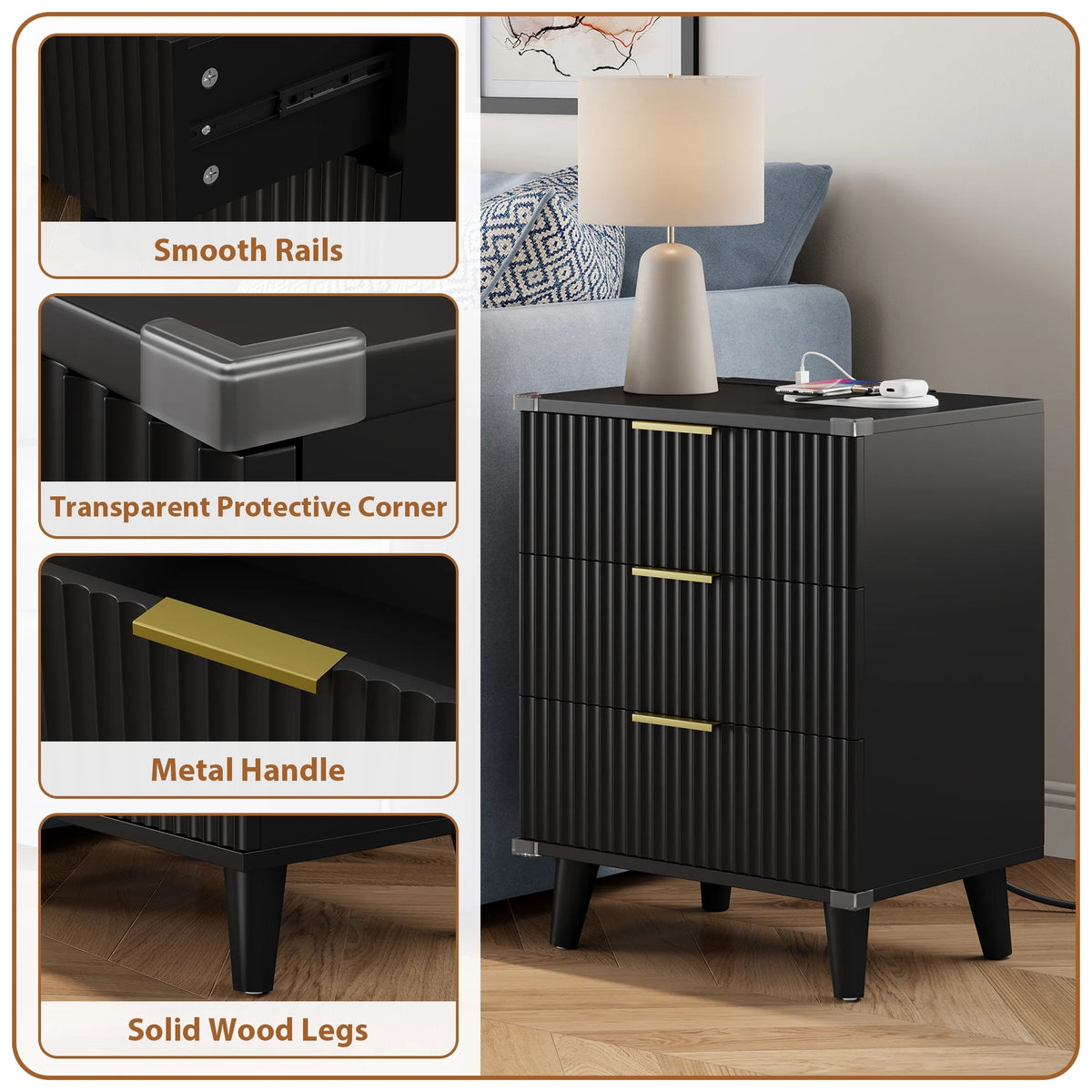 GIKPAL Night Stands for Bedroom, Modern Bedside Table with 3 Drawers & Charging Station,Fluted Panel End Tables for Bedroom  & Living Room, Natural