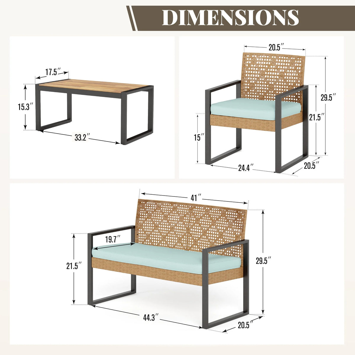 MF Studio 4-Piece All-Weather Rattan Patio Furniture Set, Outdoor Conversation Set with Wood Table, Brown and Beige