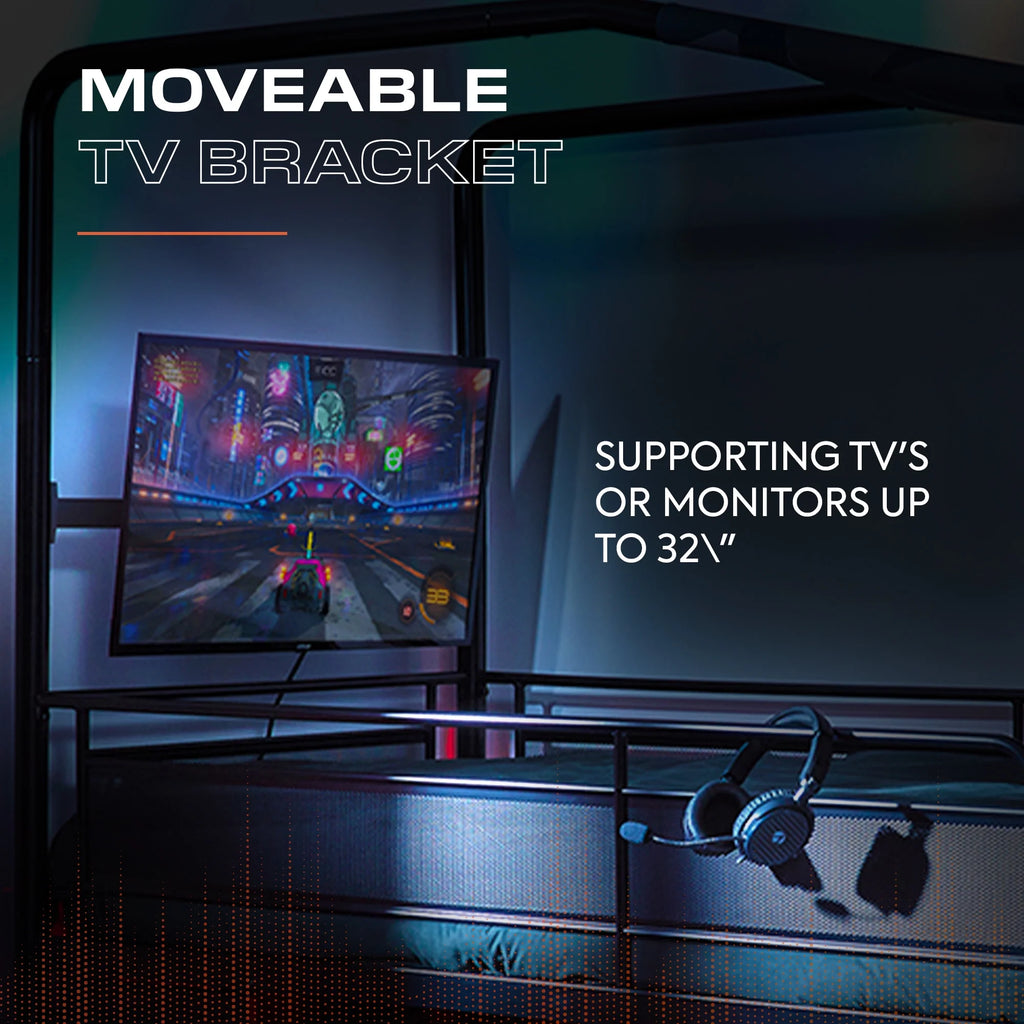 X Rocker Contra Mid-Sleeper Gaming Bed with TV Mount, Black, Twin, Children, Teen, 74.88 H