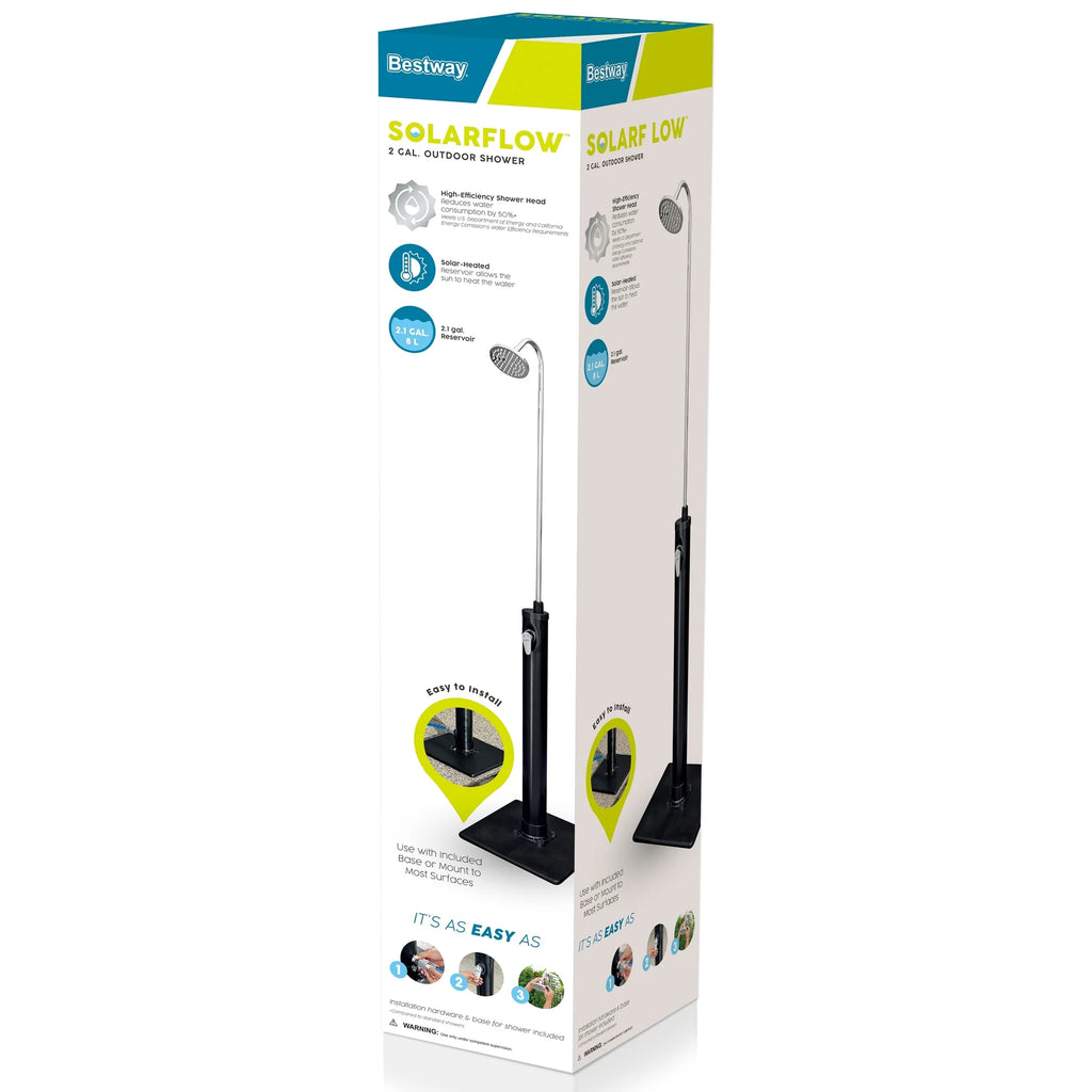 Bestway SolarFlow Outdoor Shower 2gal/8L: Oversized Shower Head and Stand, Easy Installation, & Adjustable Water Flow. Experience the ultimate convenience.