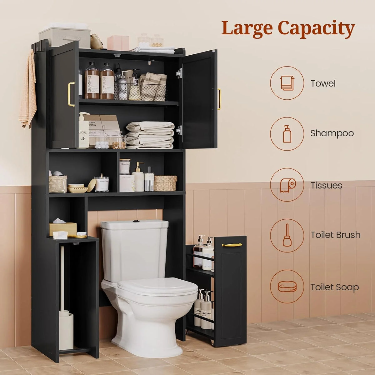 Frhnenha Over The Toilet Storage Cabinet with Pulley, Bathroom Storage Cabinet, with Adjustable Shelf and Open Shelf for Bathroom, Restroom, Laundry, White