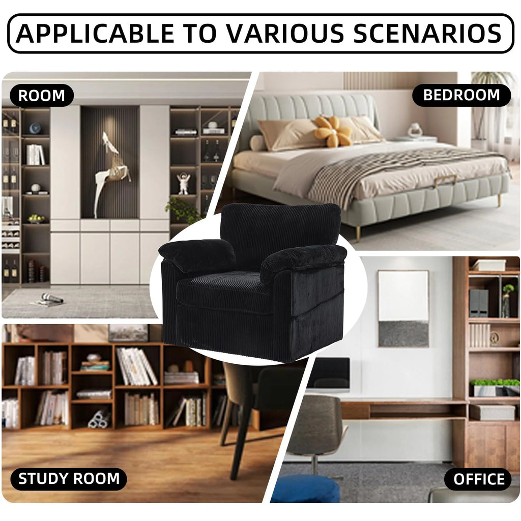FFH 33" Oversized Swivel Accent Chair,Armchair with Side Pocket,Upholstered Corduroy Lounge Chaise Chair,Barrel Chairs,Comfy Single Sofa Chair for Living Room Reading Bedroom Office,Black