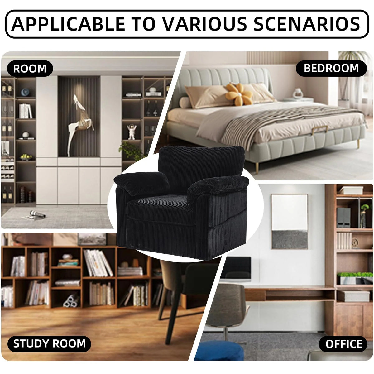 FFH 33" Oversized Swivel Accent Chair,Armchair with Side Pocket,Upholstered Corduroy Lounge Chaise Chair,Barrel Chairs,Comfy Single Sofa Chair for Living Room Reading Bedroom Office,Black
