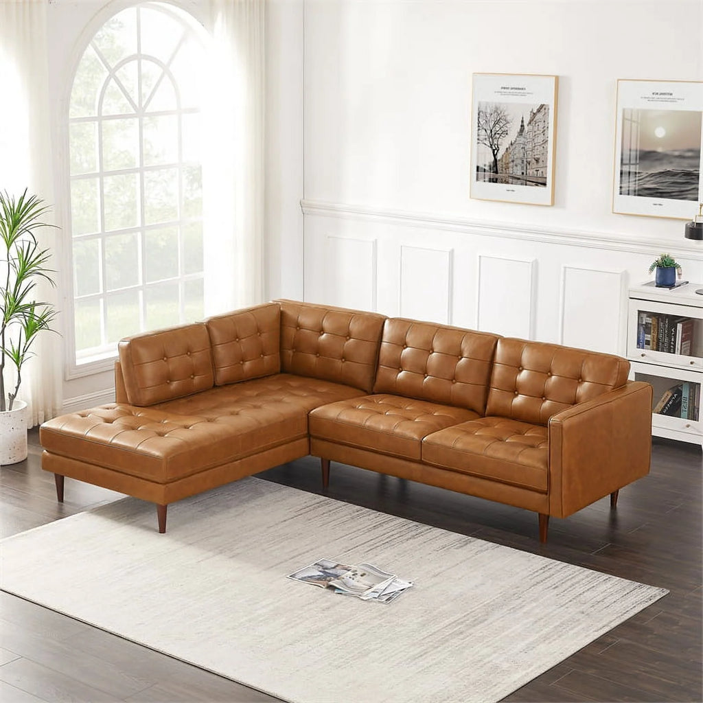 Lucille Modern Living Room Top Leather Corner Sectional Couch in Cognac Tan