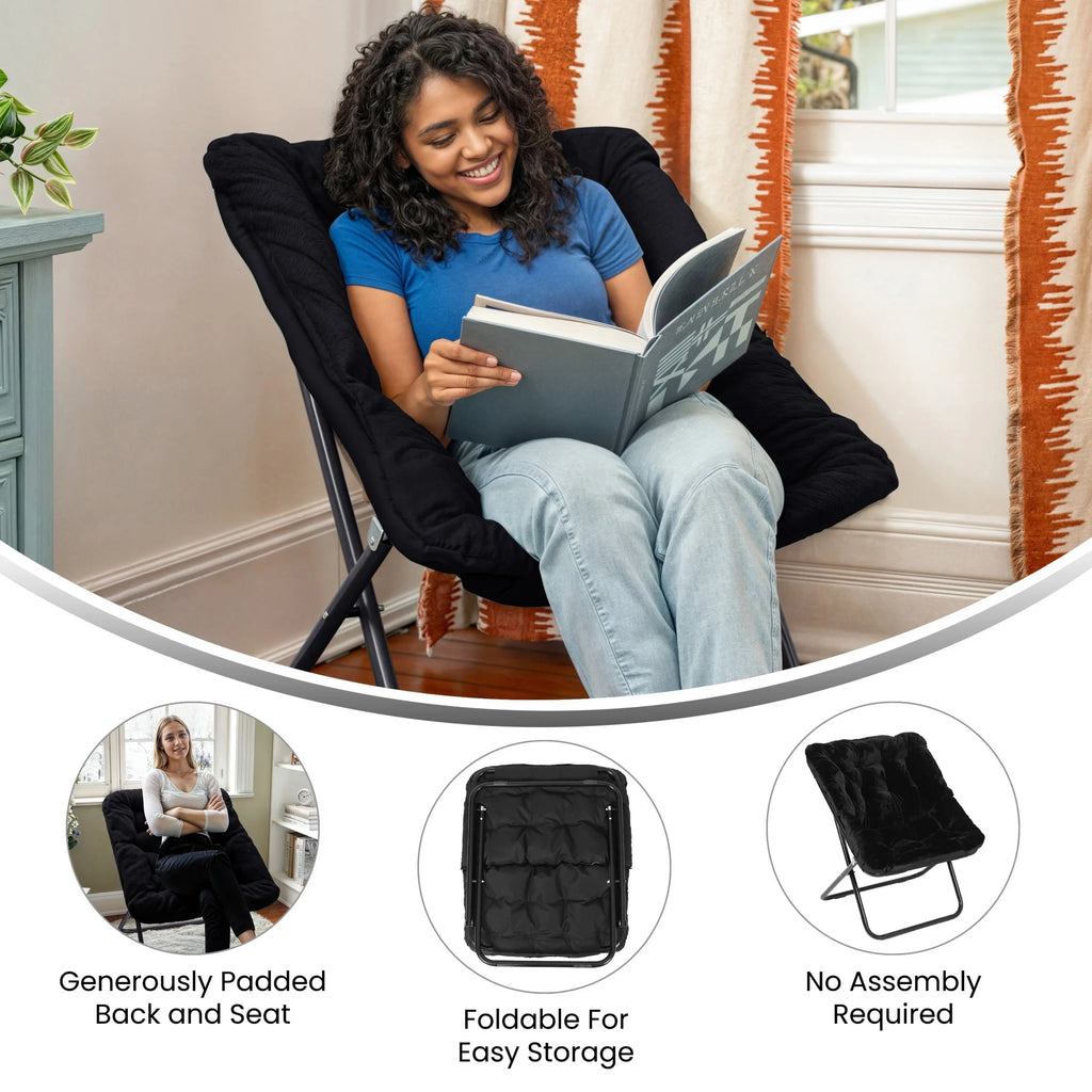 Emma + Oliver Oversized Faux Fur Folding Saucer Chair for Dorm, Bedroom, Black Faux Fur/Black Frame