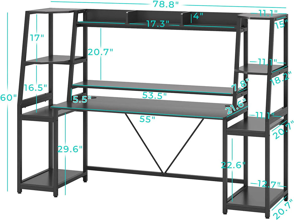 78.8inch Gaming Desk with LED Lights, Hutch and Storage Shelves, Ergonomic Computer Desk with Monitor Stand, Black