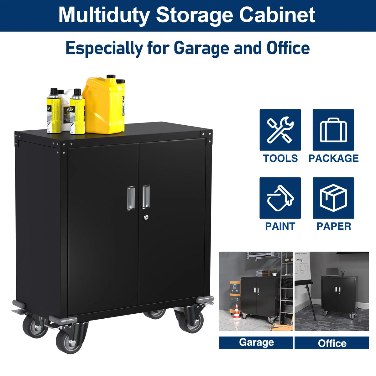 Aobabo Metal Storage Cabinet with Lock,Garage Storage Cabinet with Wheels,72In Steel Storage Cabinet for Garage Home Storage, Black Required-Assembly