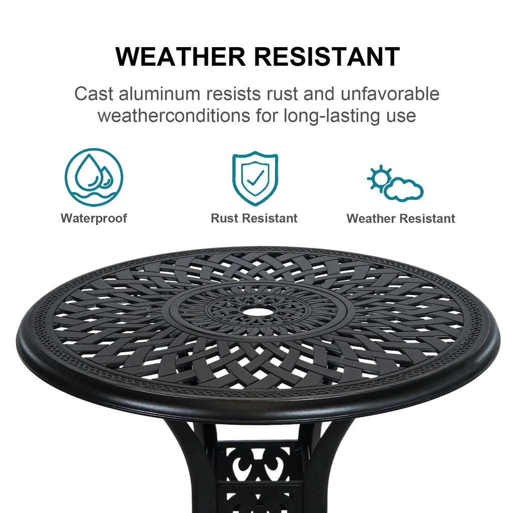 30.3 Inch Round Patio Table Cast Aluminum Patio Table,Metal Patio Dining Table with Umbrella Hole,All Weather Outdoor Bistro Dining Table for Backyard, Garden, Balcony, Black