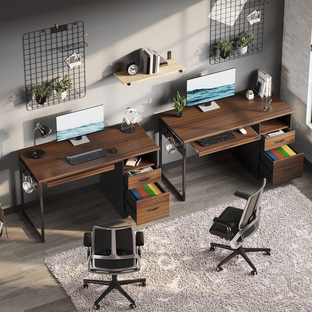 Bestier 55 Inch Office Desk with Drawers, Keyboard Tray, 2 Hooks, Modern Fluted Computer Desk for Home, Grey
