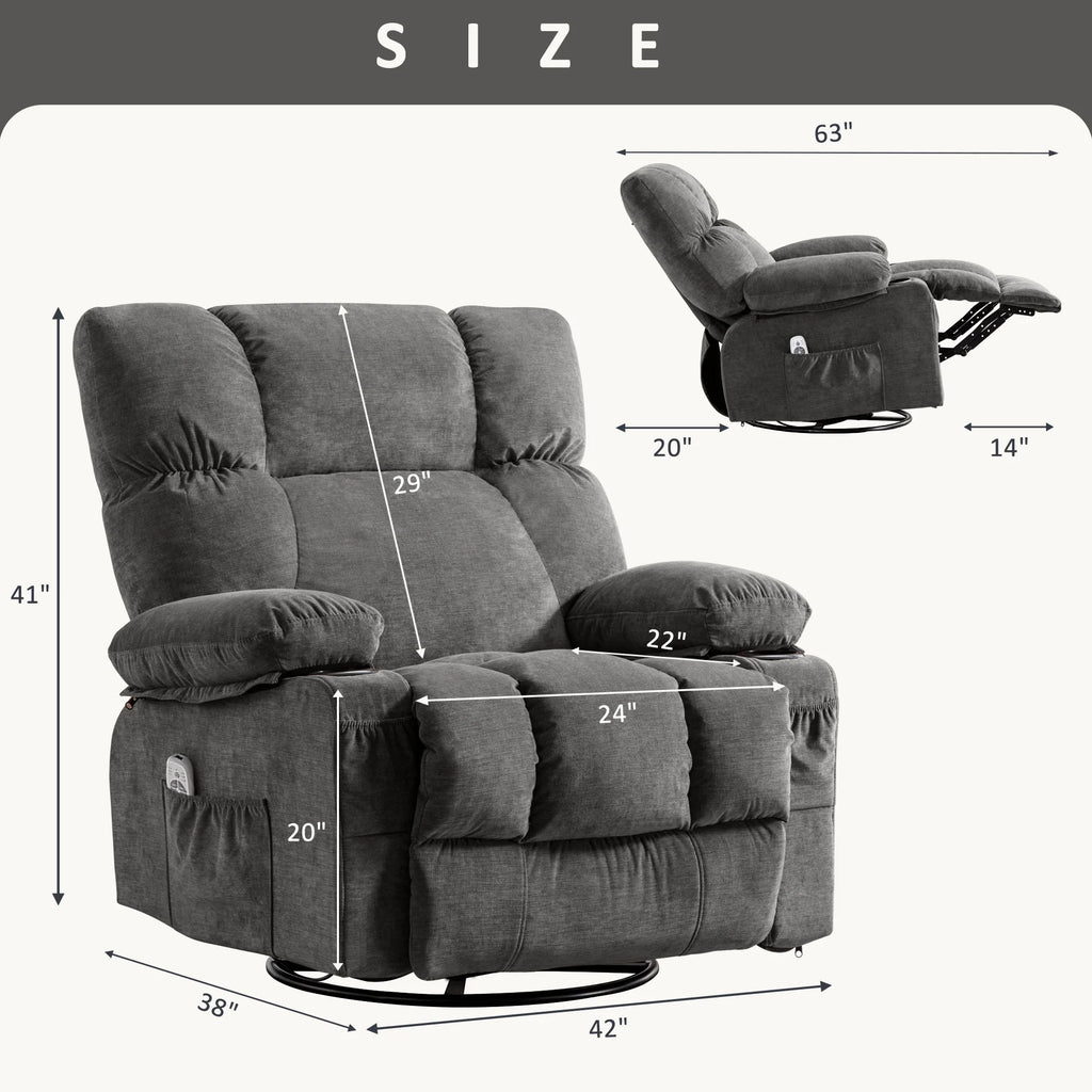 JONPONY Manual Recliner Chair with Heat Therapy and Massage Function, Heavy Duty Reclining Mechanism Massage Chair, Elderly Single Rocker Sofa with Cup Holders for Bedroom Home Theater,Grey